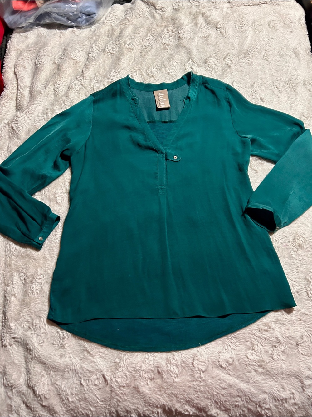 LOFT Teal Green V-Neck Button-Tab Blouse